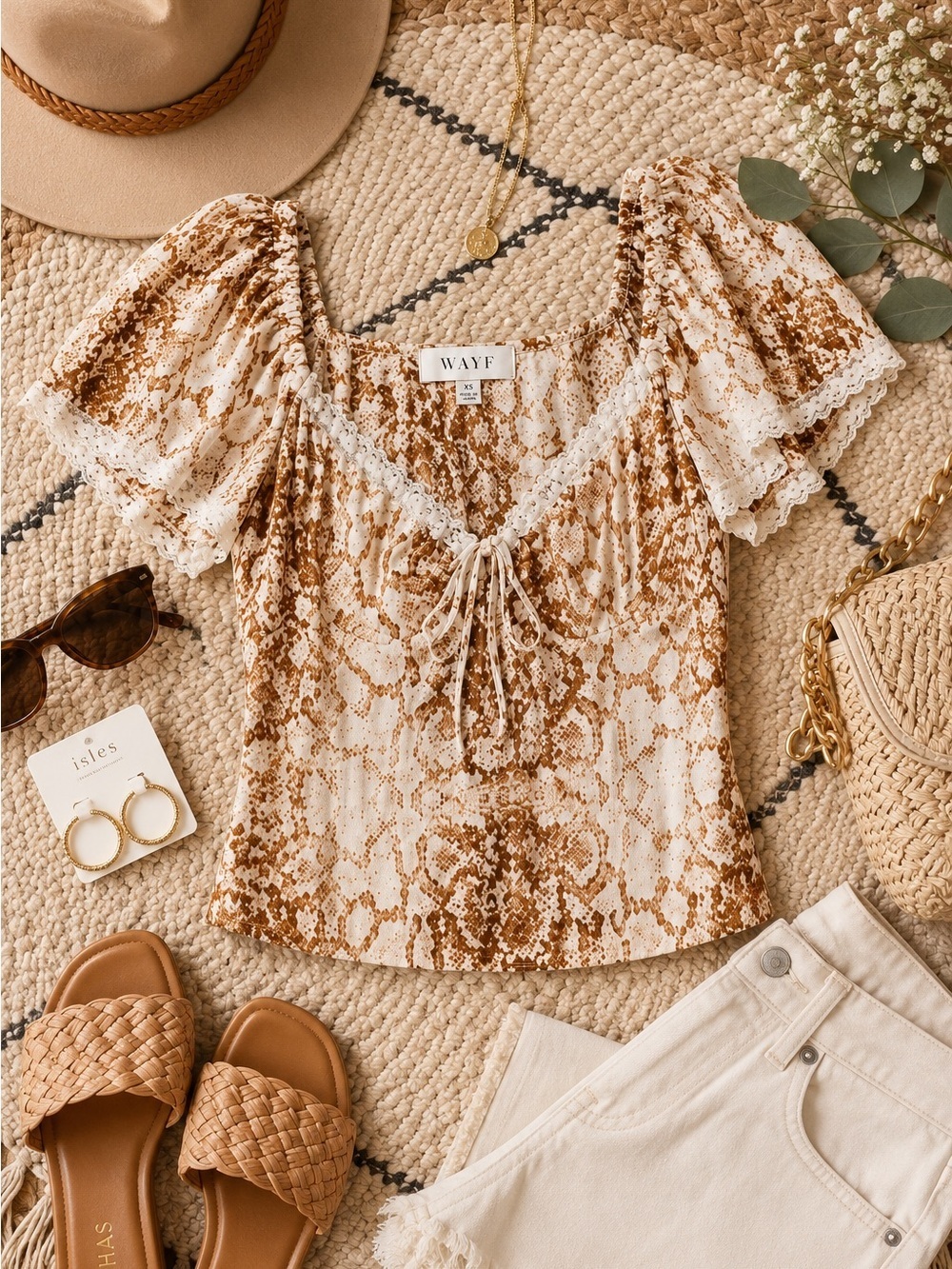 WAYF Melissa Lace Trim Sweetheart Top Brown Snake Print NWT XS